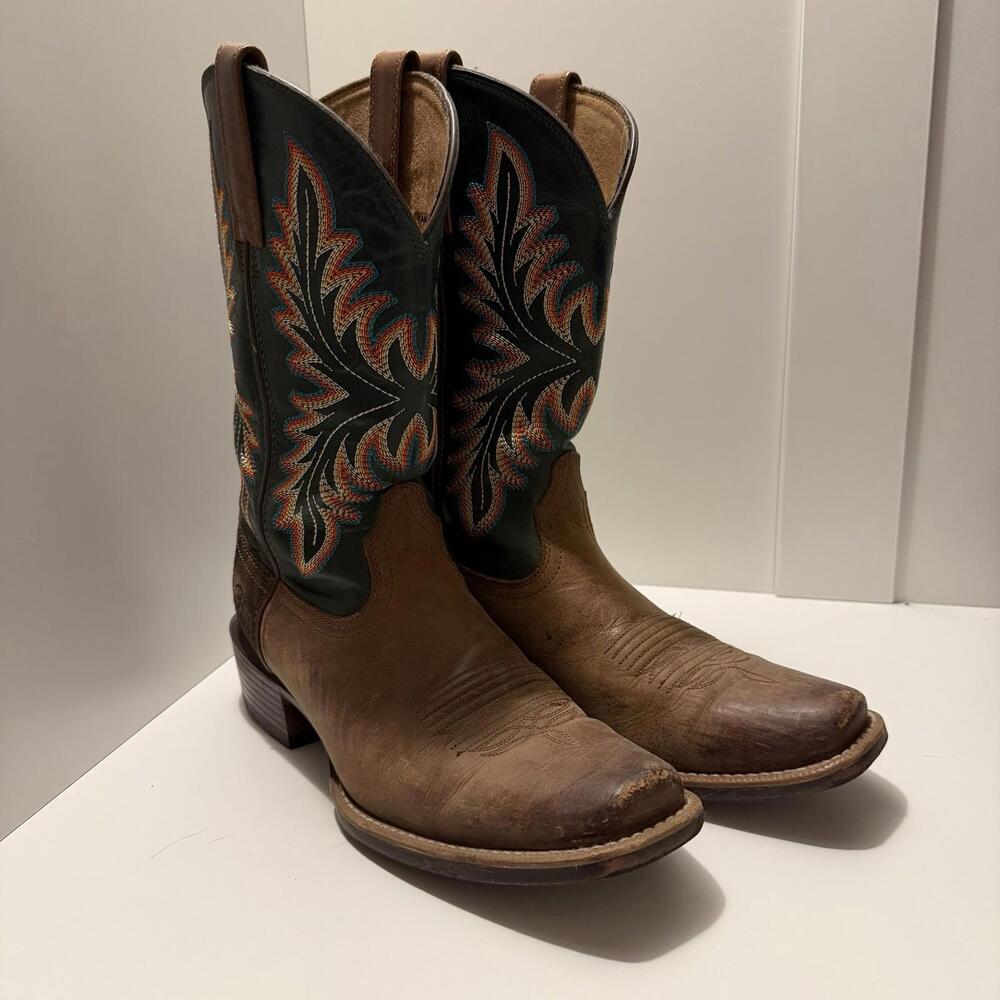 ARIAT Rubber Soled Leather Mid Calf Cowboy Boots, Size 10, Brown And Green